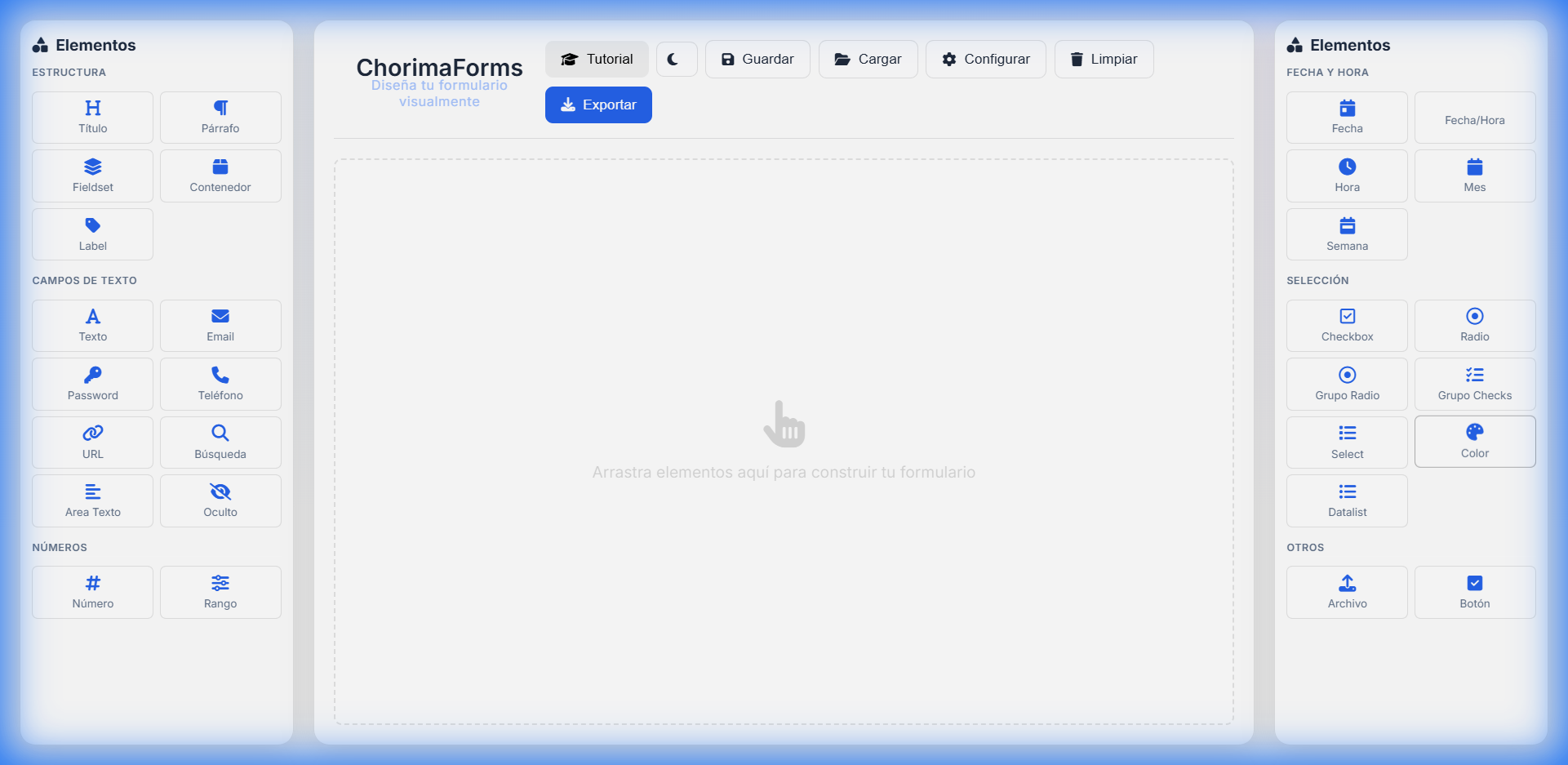 Interfaz completa de ChorimaForms con el nuevo diseño actualizado